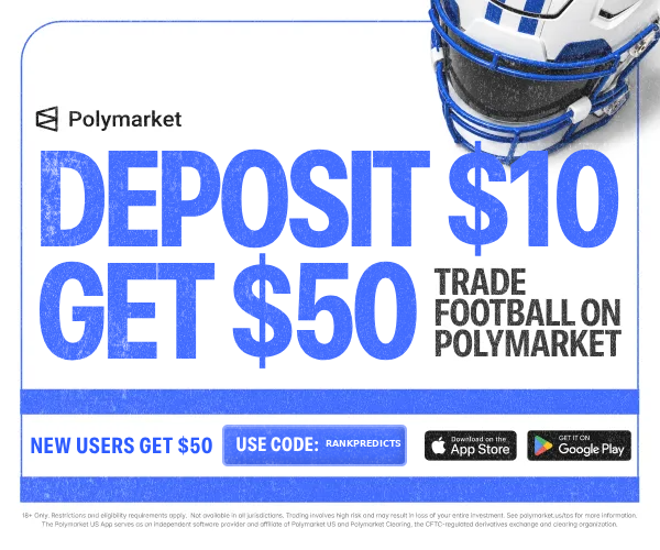 Polymarket US — deposit $10 and get a $50 trading bonus with code RANKPREDICTS. iOS app only.