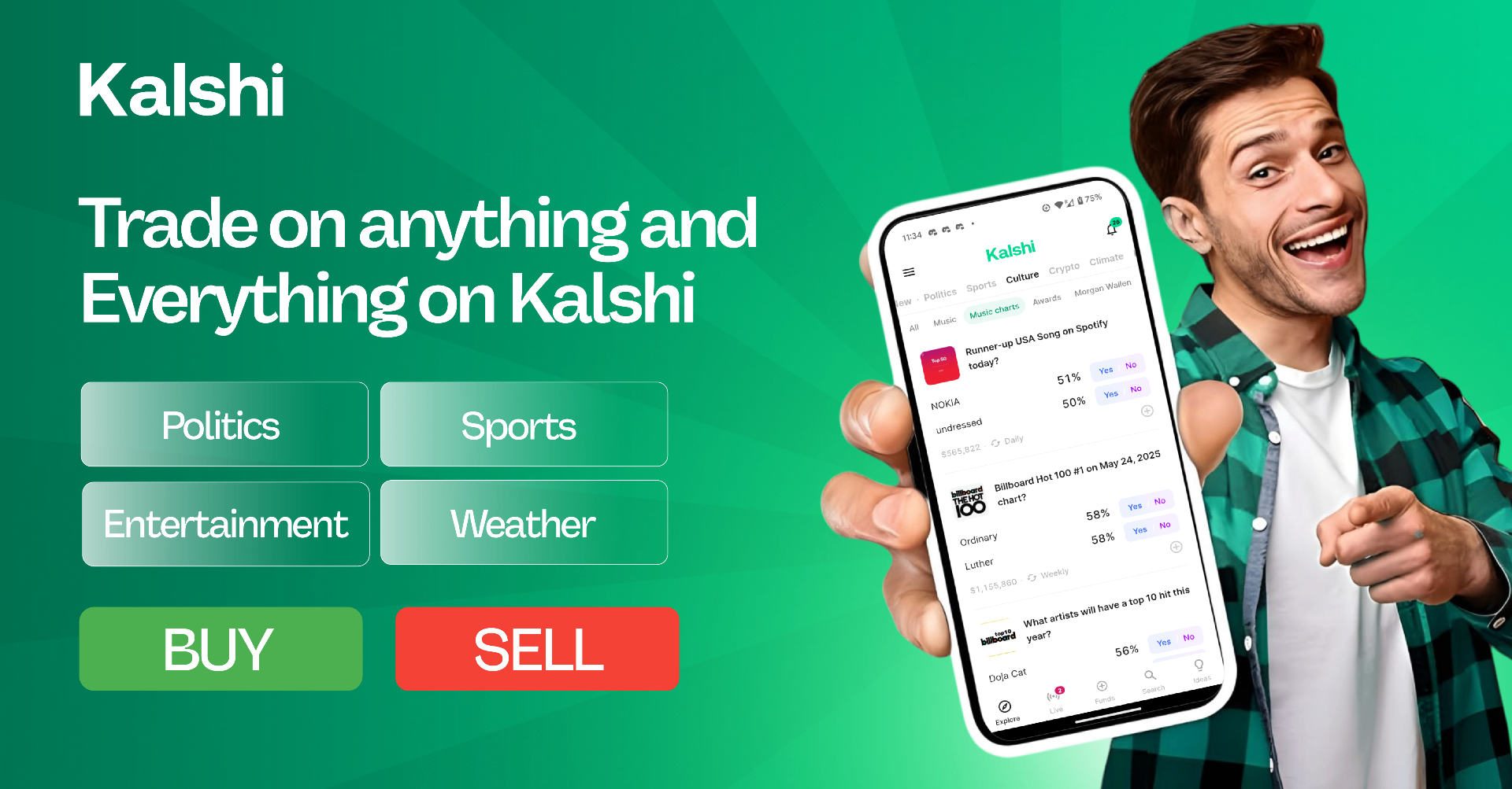 Kalshi — Trade on anything and everything. Politics, sports, entertainment, weather. Buy or sell.