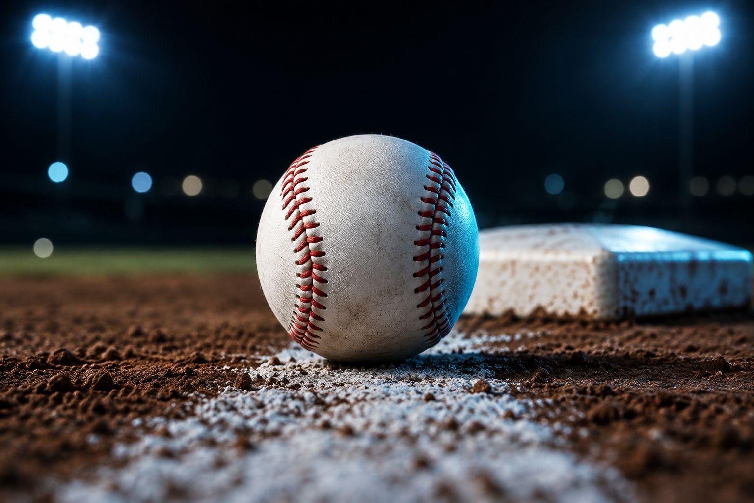 A baseball resting on the chalk line beside a base under stadium lights at night.