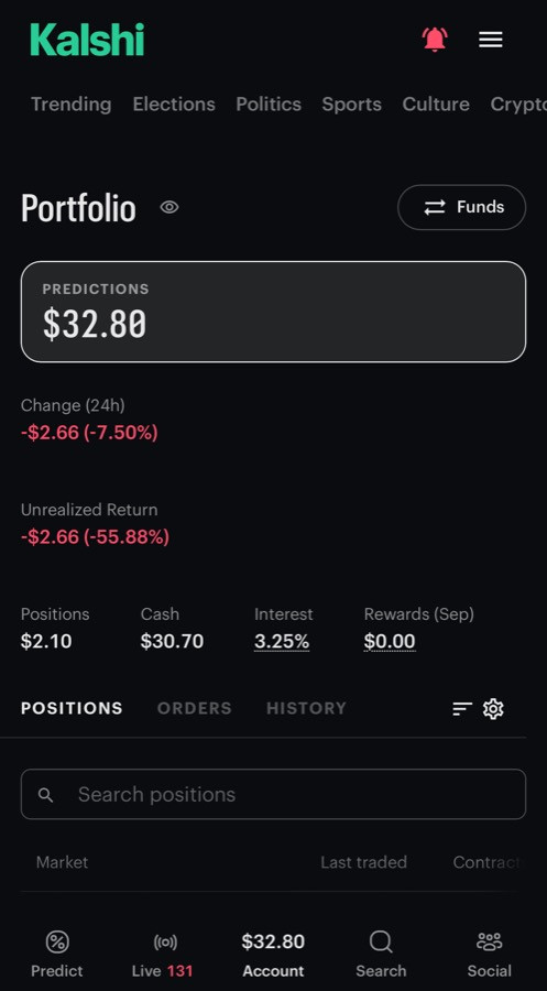 Kalshi portfolio screen showing a $32.80 balance