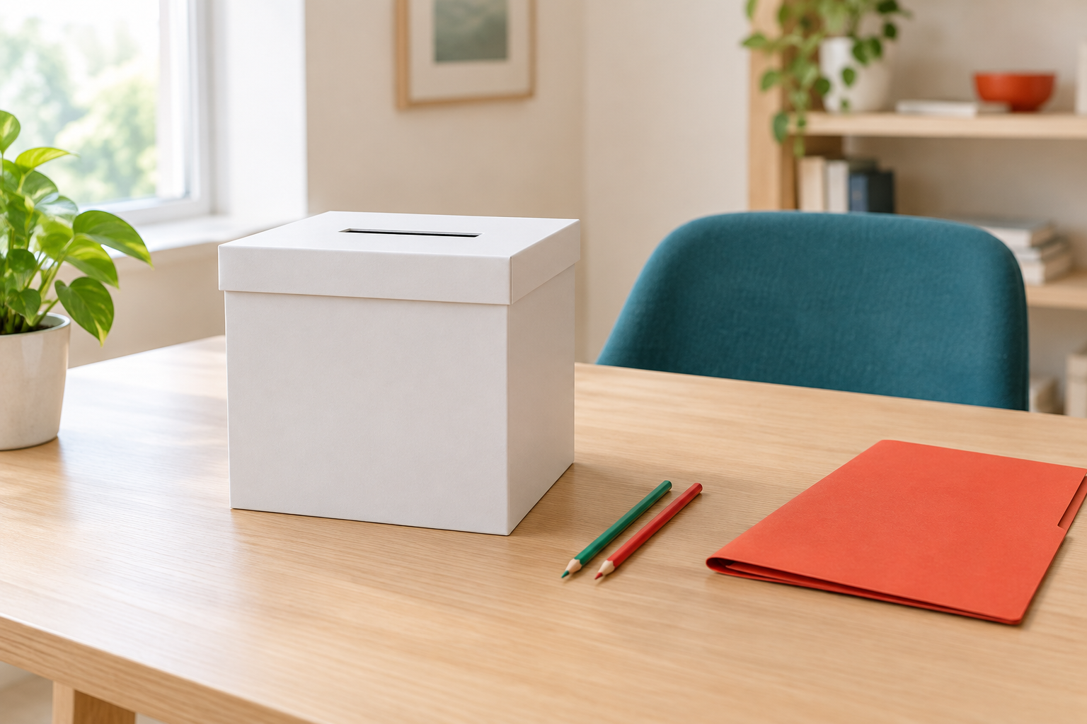 A plain ballot box on a table in a bright room.