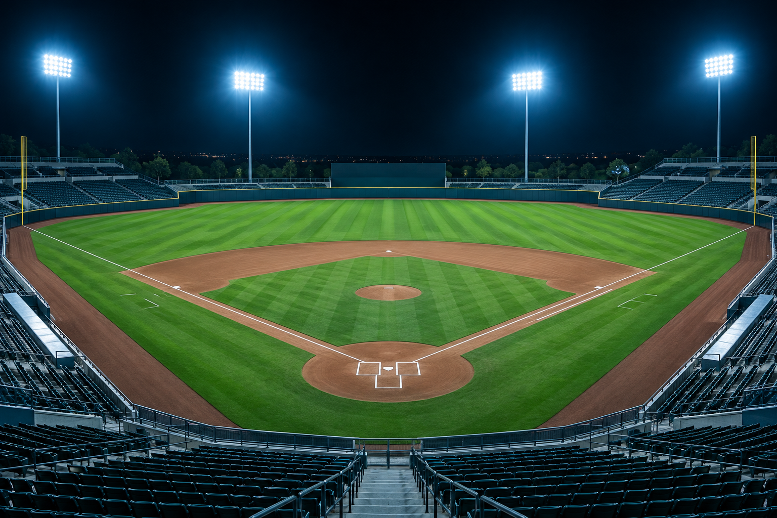 An empty baseball stadium at night, seen from high behind home plate, with bright light towers over a green field.