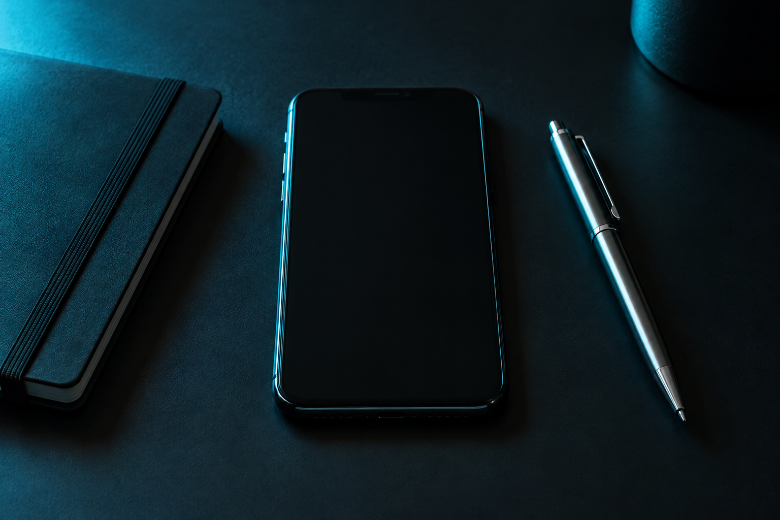 A phone with a blank screen on a dark desk between a black notebook and a silver pen, lit by cool cyan light.